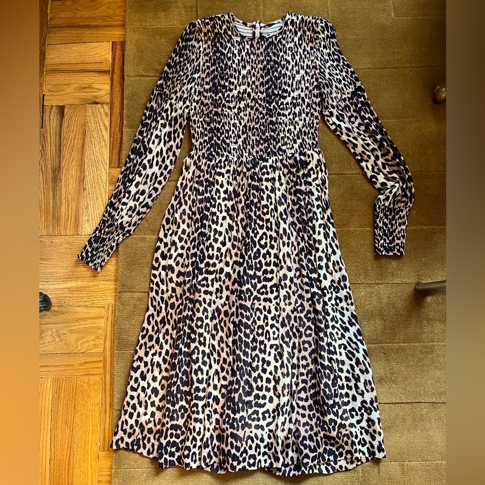 Ganni Leopard Print Smocked Long Sleeve Midi Dress, size 34